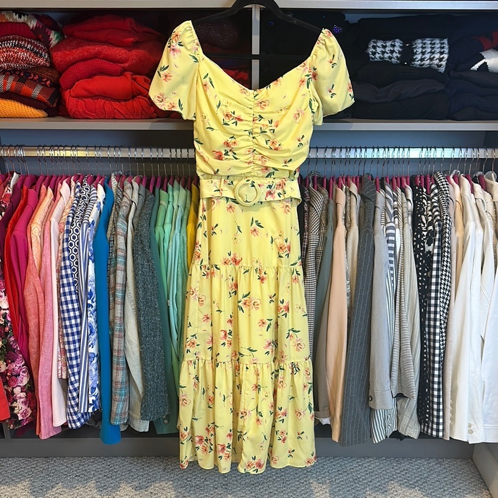 Paloma Blue yellow/pink floral short sleeve ruched dress size XS